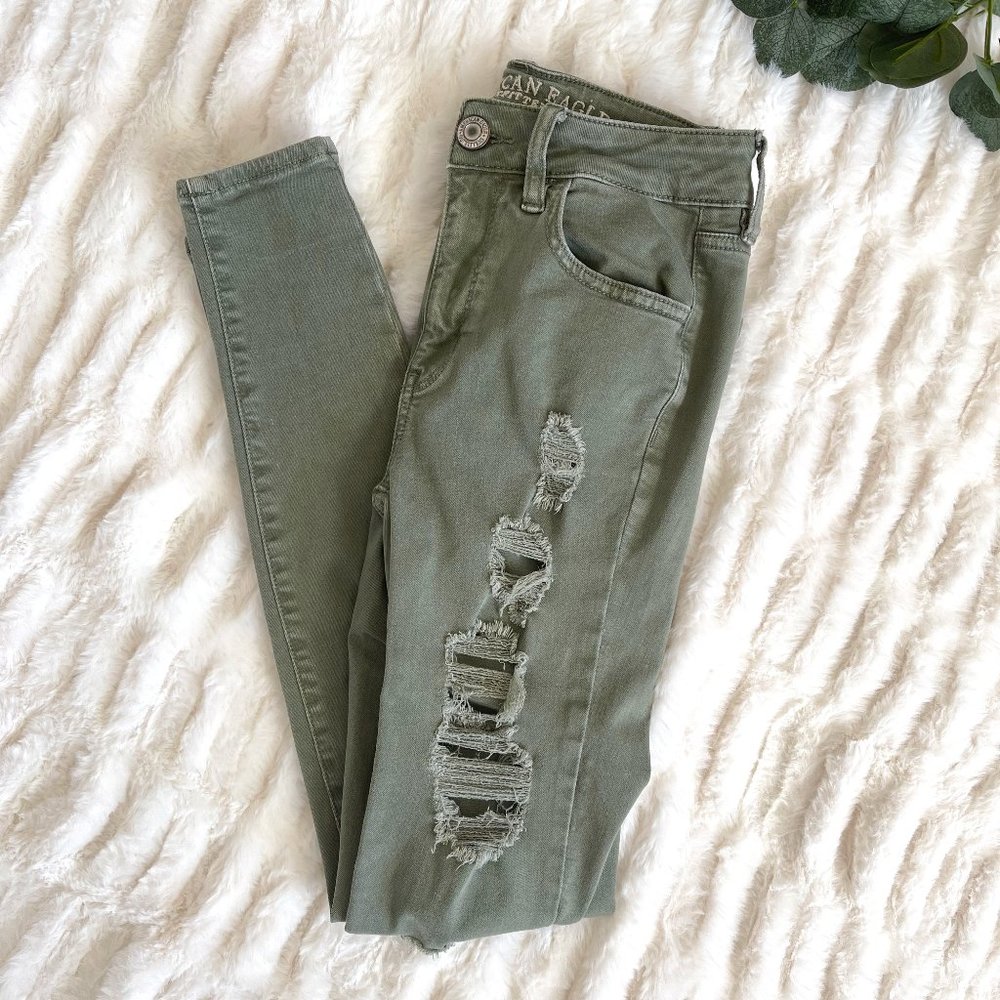 American Eagle Green High Rise Super Stretch X Disressed Jegging Jeans, Sz 4